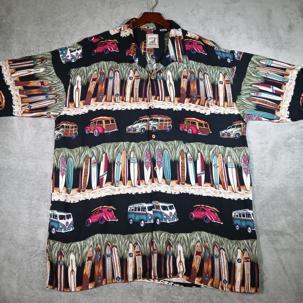 Island Collection Hawaiian Shirt Men's 2XL Woody VW Bus Rayon Black